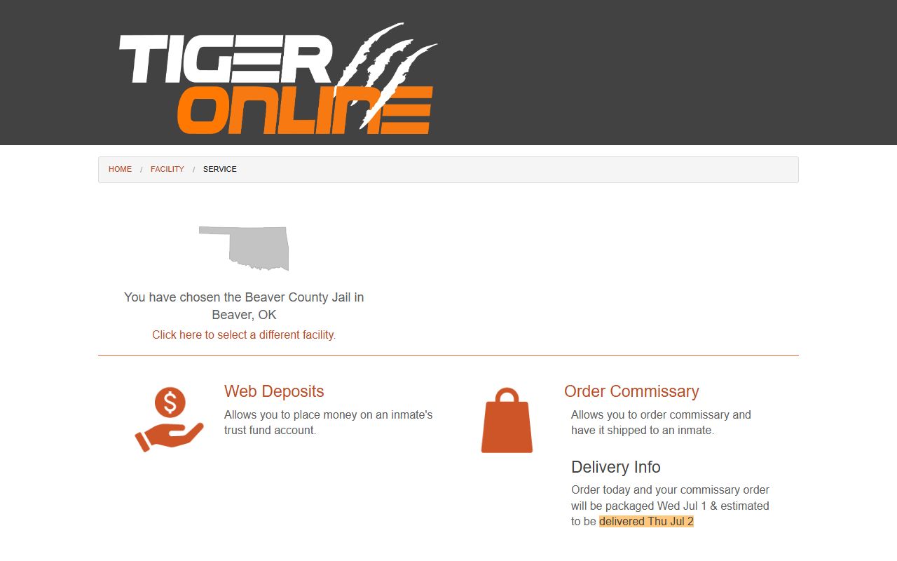 Beaver County Jail inmate lookup service options on Tiger Commissary